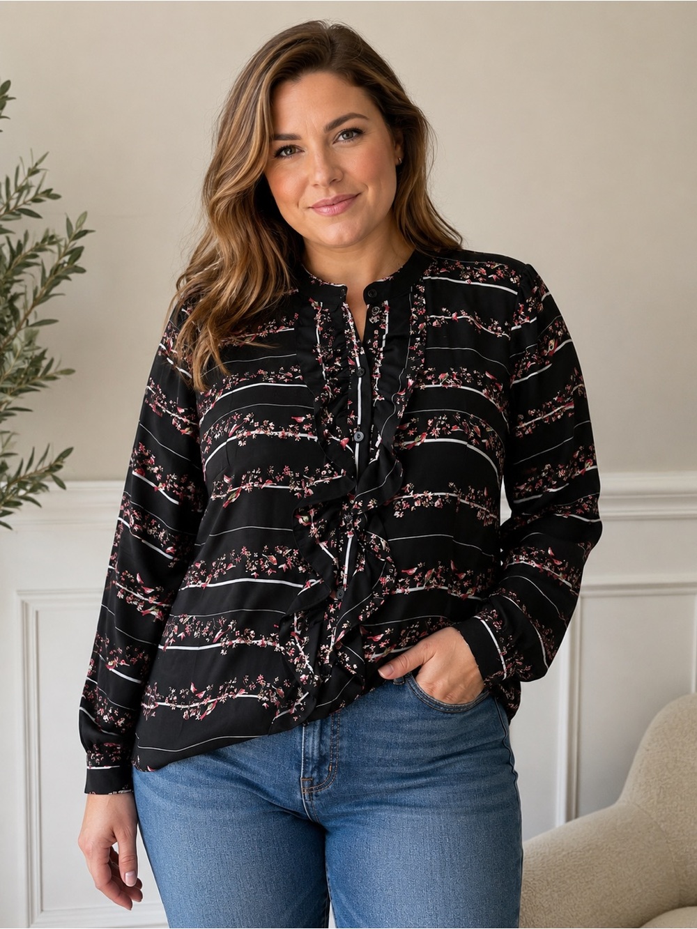 Worthington Black Floral Stripe Ruffle Blouse with Birds